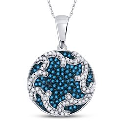 Round Blue Color Enhanced Diamond Circle Pendant 1/3 Cttw 10kt White Gold