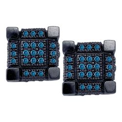 Mens Round Blue Color Enhanced Diamond 3D Cube Square Cluster Earrings 1/3 Cttw 10kt White Black-ton