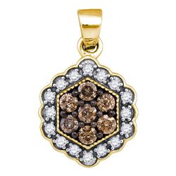 Round Brown Diamond Hexagon Flower Cluster Pendant 1/2 Cttw 10kt Yellow Gold