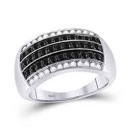 Mens Round Black Color Enhanced Diamond Band Ring 1.00 Cttw 10kt White Gold