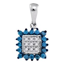 Round Blue Color Enhanced Diamond Square Cluster Pendant 1/3 Cttw 10kt White Gold