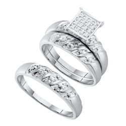 His & Hers Diamond Cluster Matching Bridal Wedding Ring Band Set 1/12 Cttw 10kt White Gold