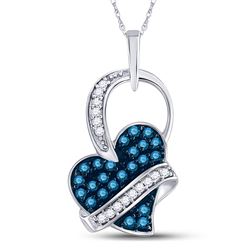 Round Blue Color Enhanced Diamond Captured Heart Pendant 1/3 Cttw 10kt White Gold