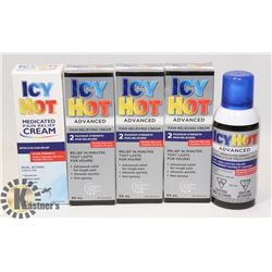 LOT OF ICY HOT MEDICATED PAIN RELIEF CREAM.