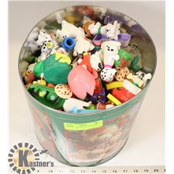 LARGE TIN WITH VINTAGE HAPPY MEAL TOYS.