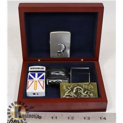 WOOD BOX WITH 5 COLLECTOR LIGHTERS, ONE ZIPPO -