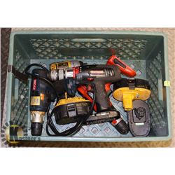 TOTE WITH 4 DRILLS AND 2 BATTERIES - AS IS.