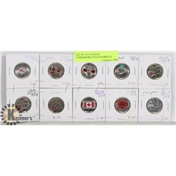 LOT OF 10 CANADIAN COMMEMORATIVE COLORED 25 CENT