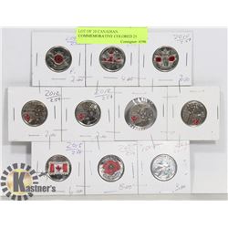 LOT OF 10 CANADIAN COMMEMORATIVE COLORED 25 CENT