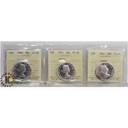 LOT OF 3 CANADA SILVER 50 CENT COINS 1962 PL-66