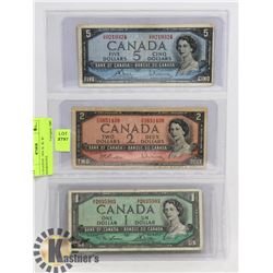 CANADIAN  1954  $1  $2  $5 BANKNOTES.