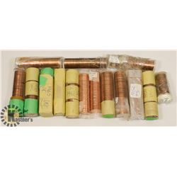 BOX OF ASSORTED ROLLED PENNIES, SOME ROLLS MAY BE