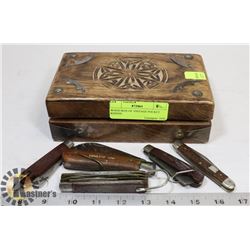 WOOD BOX OF VINTAGE POCKET KNIVES