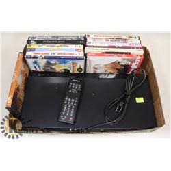 SAMSUNG DVD PLAYER WITH CORDS REMOTE AND DVDS -