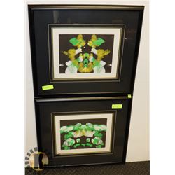 2 TRIPLE MATTED FRAMED PICTURES - GREEN, YELLOW &