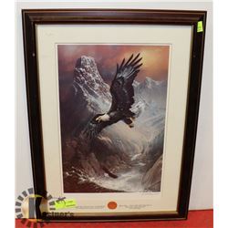 FRAMED PAINTING OF EAGLE AND MOUNTAINS. 18.5"X24"