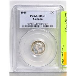 1948 GRADED PCGS MS64 CANADIAN 10 CENT COIN