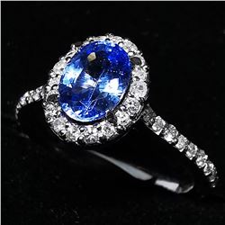 45) 14K WHITE GOLD SAPPHIRE & DIAMOND HALO RING,