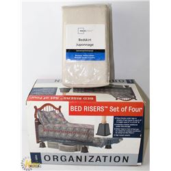 SET OF 4 BED RISERS (NEW) AND TWIN BED SKIRT (NEW)