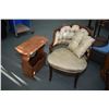 Image 1 : Antique button tufted upholstered parlour with throw cushion and a mid 20th century side table with 