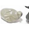 Image 2 : 2 carved soapstone including loon with Canada Eskimo Art sticker, 8 inches long and a beached walrus