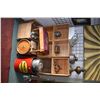 Image 1 : Wall of nine wooden butter crates with a selection of primitives including oil lamps, butter churn, 