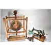 Image 1 : Antique wooden wool winder, a cast Singer portable sewing machine and an electrified oil lamp on cas