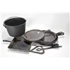 Image 1 : Wooden dairy crate and contents including cast metal cookware
