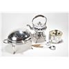 Image 1 : Selection of silver plate including muffineer, spirit kettle, salad servers and tea caddy.