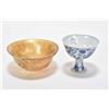 Image 1 : Oriental "Fish pond of abundance horn bowl 4 1/2" in diameter and blue and white "Phoenix" stem cup 