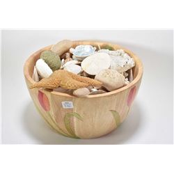 Wooden 12" salad bowl filled with collectible seashells