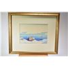 Image 1 : Three framed pictures including watercolour painting of a winter coastal cabinet scene with iceberg 