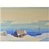 Image 2 : Three framed pictures including watercolour painting of a winter coastal cabinet scene with iceberg 