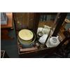 Image 2 : Wooden settlers trunk and contents including framed mirror, washbasin, jug and commode, pas stick, t