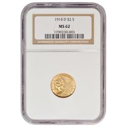 1914-D $2.5 Indian Head Quarter Eagle Gold Coin NGC MS62