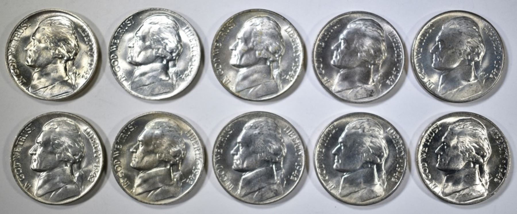 10 BU 1942P SILVER JEFFERSON NICKELS