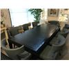 Image 1 : DARK WOOD 8.5’ X 3.5’ DINING TABLE WITH 2 LEAVES, COMES WITH 8 MATCHING GREY UPHOLSTERED DINING