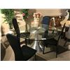 Image 1 : GLASS TOP AND SATIN METAL BASE ROUND DINING TABLE WITH 4 MATCHING BLACK CHAIRS