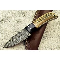 Custom Made Damascus Steel Ram Horn Hunting Knife