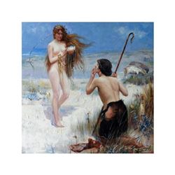 After Hacker, Oil on Canvas Painting, The Sea Maiden, Mermaid & Shepherd