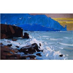 21st Century Signed Ukranian Impressionism, Rocky Coastline Sunset Oil Painting