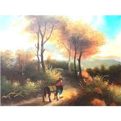 Oil on Canvas Painting, Mountain Landscape Scene