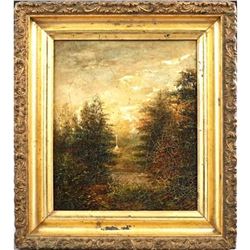 19thc Continental School, "Trees Around A Stream, A Roadside Shrine Beyond"