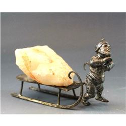 Antique c1900 German Silver Plate Figure Gnome Pulling Sled & Rose Quartz Crystal