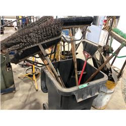 GARBAGE BIN W / BROOMS, ETC