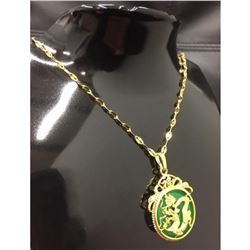 Chinese Carved Green Jade In Gold Dragon Mount Necklace