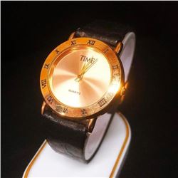 Collectible "Time" Magazine Men's Gold Tone Wrist Watch with Black Leather Strap