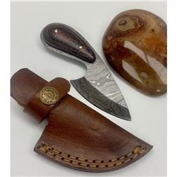 5" Rivoted Wood Handled Damascus Skinning Knife With Stitched Leather Sheath