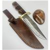 Image 2 : 11 1/2" Inlaid Wood Handle Damascus Hunting Knife With Stitched Leather Sheath