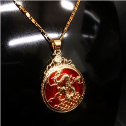 Chinese Carved Red Jade In Gold Dragon Mount